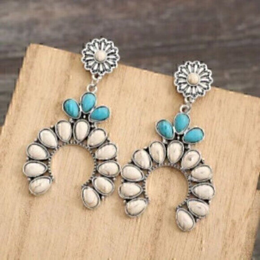 Flower Pattern Squash Blossom With Full Turquoise Decor Retro Dangle Earrings